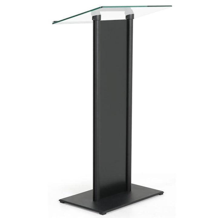 Tempered Clear Glass Podium with Aluminum Front Panel Black Lectern Pulpit Desk