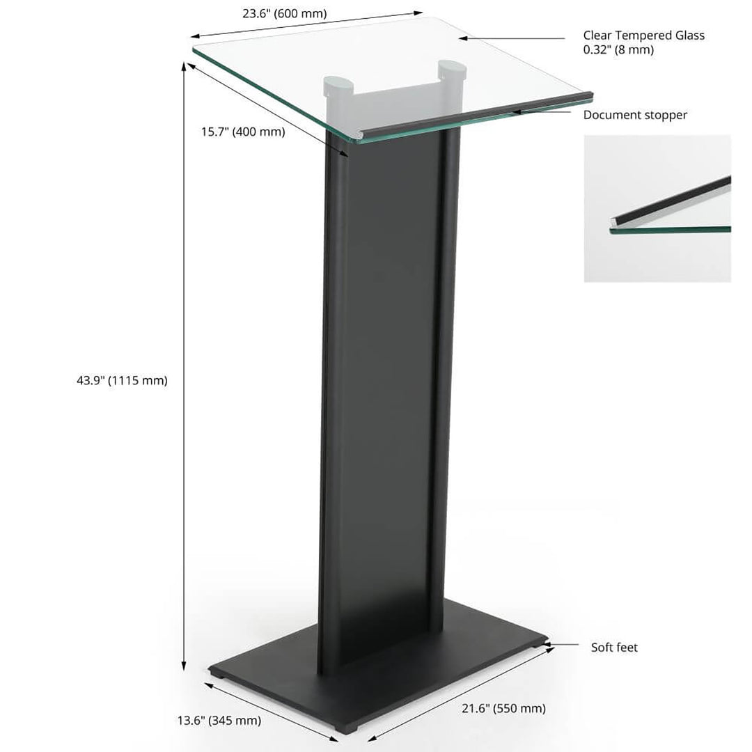 Tempered Clear Glass Podium with Aluminum Front Panel Black Lectern Pulpit Desk