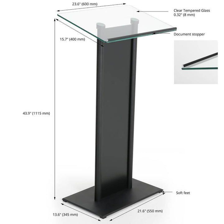 Tempered Clear Glass Podium with Aluminum Front Panel Black Lectern Pulpit Desk