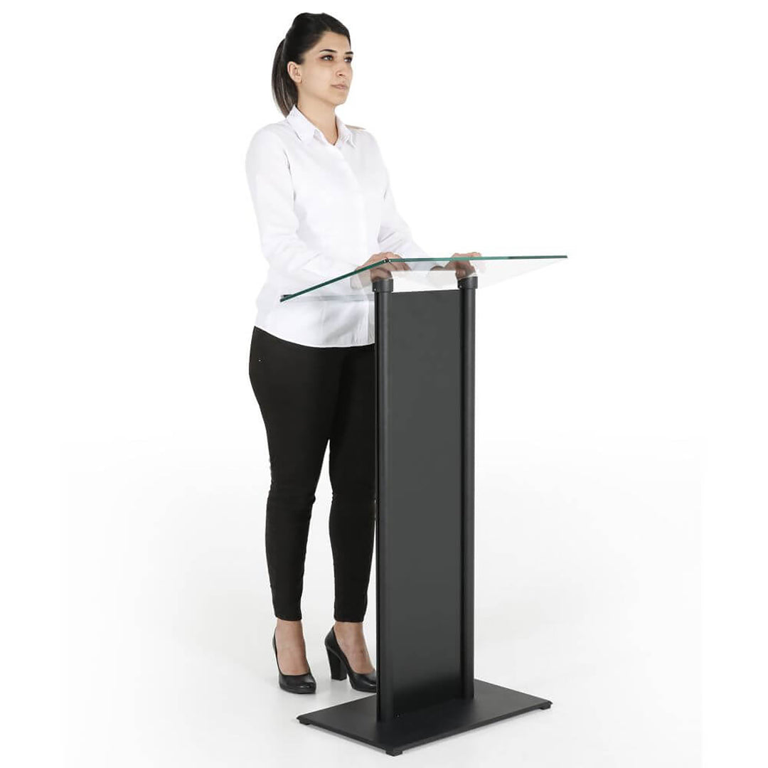 Tempered Clear Glass Podium with Aluminum Front Panel Black Lectern Pulpit Desk