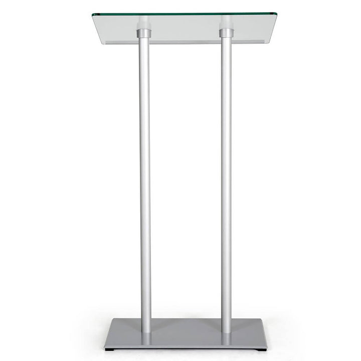 Tempered Clear Glass Podium Silver Aluminum Frame and Base Lectern Pulpit Desk