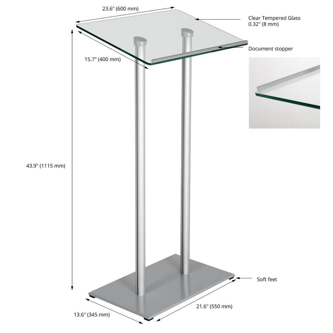 Tempered Clear Glass Podium Silver Aluminum Frame and Base Lectern Pulpit Desk