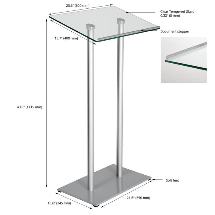 Tempered Clear Glass Podium Silver Aluminum Frame and Base Lectern Pulpit Desk