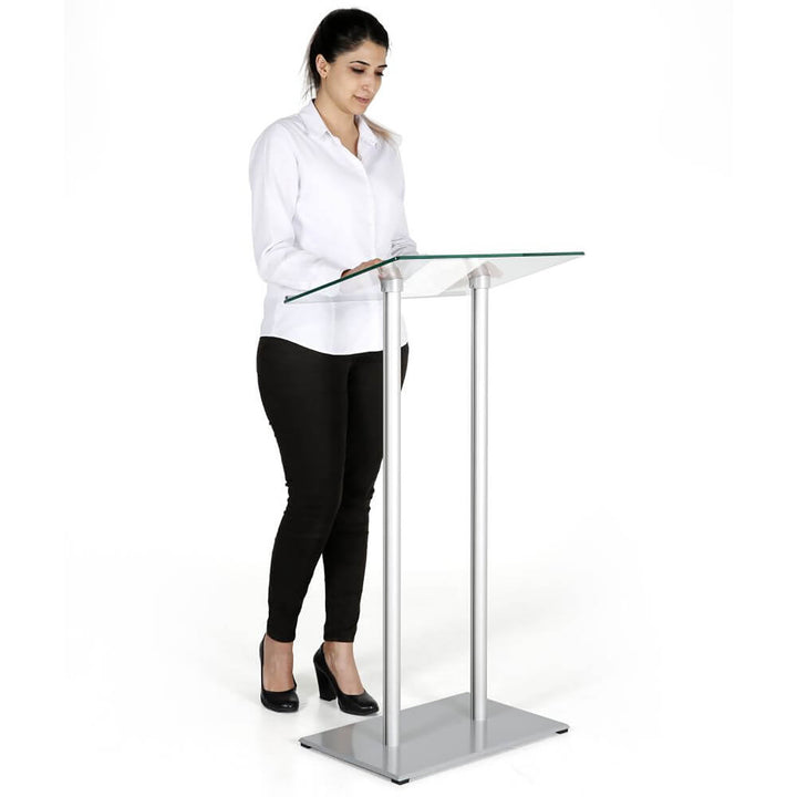 Tempered Clear Glass Podium Silver Aluminum Frame and Base Lectern Pulpit Desk