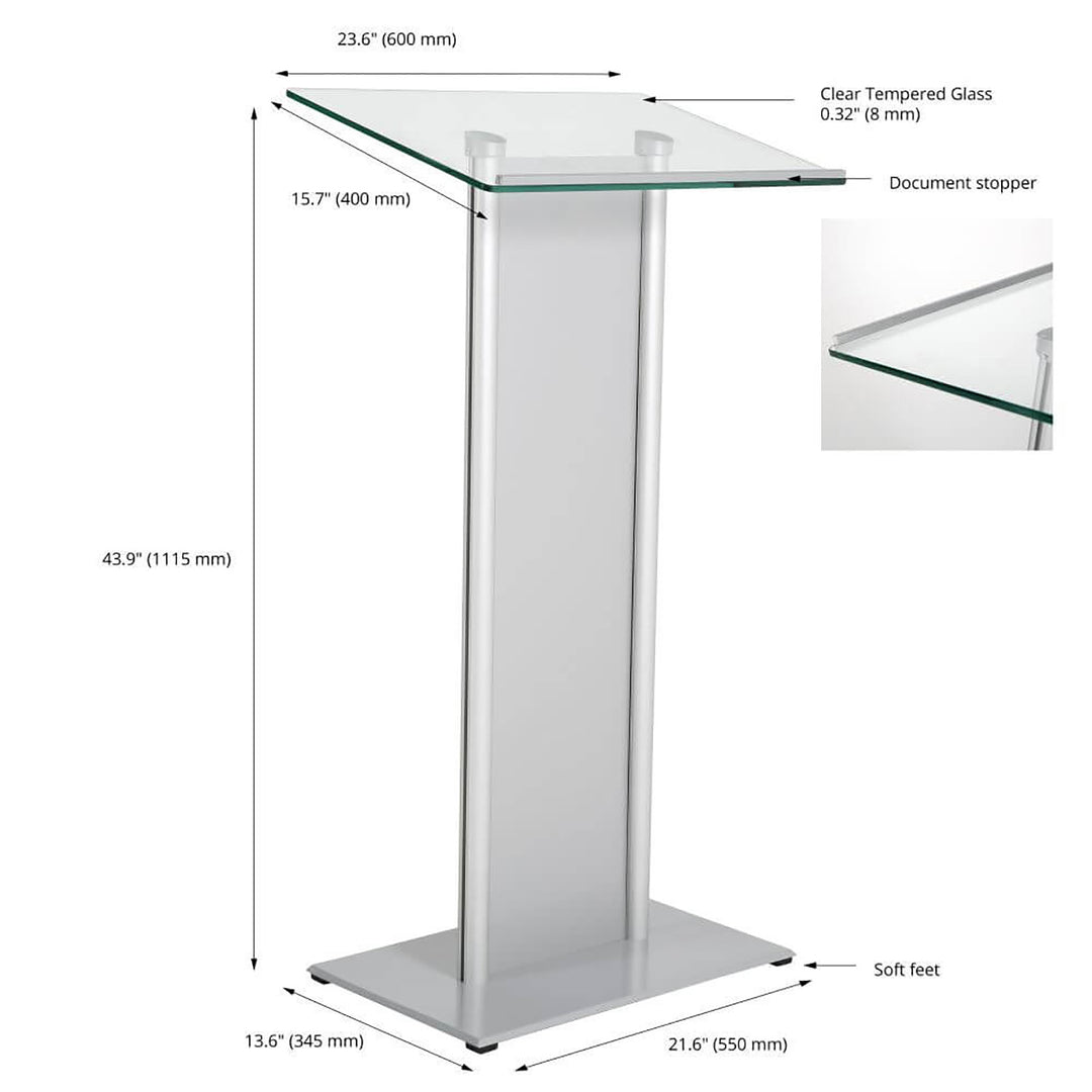 Tempered Clear Glass Podium with Aluminum Front Panel Silver Lectern Pulpit Desk