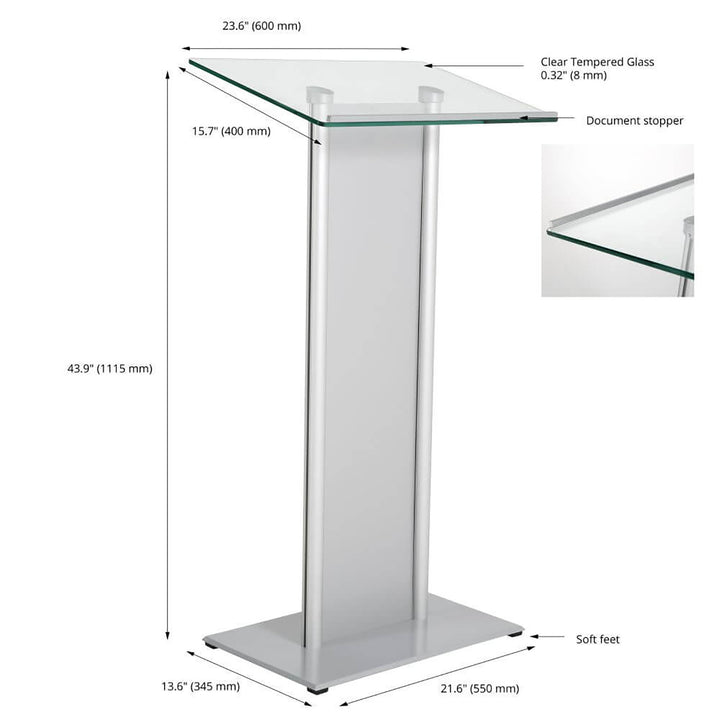 Tempered Clear Glass Podium with Aluminum Front Panel Silver Lectern Pulpit Desk