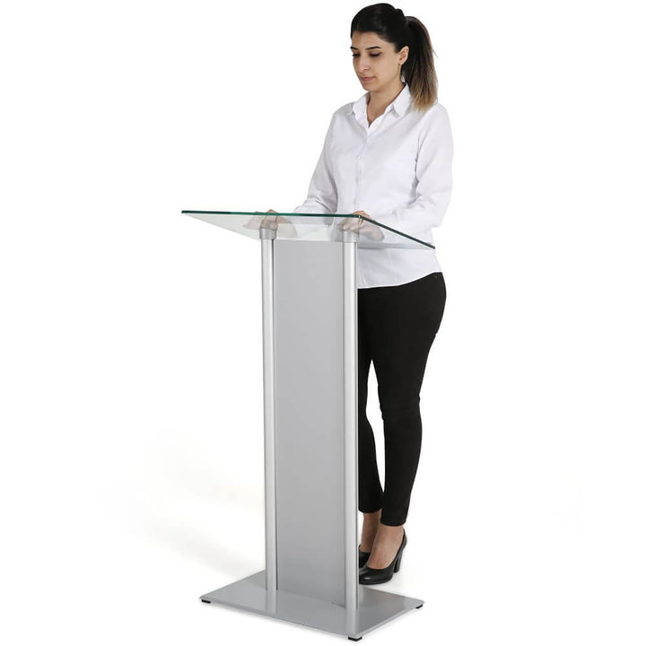 Tempered Clear Glass Podium with Aluminum Front Panel Silver Lectern Pulpit Desk