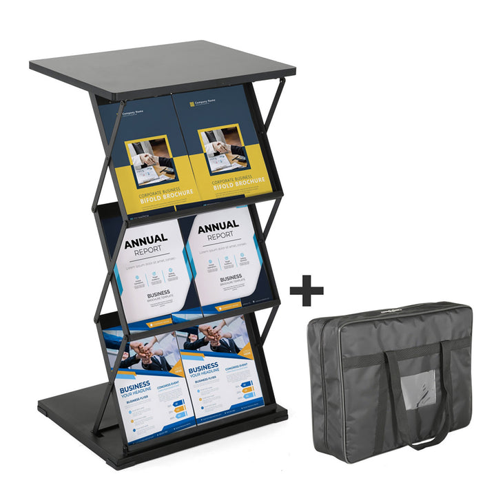 Foldable Counter with Steel Literature Holder and Carrying Bag - Black