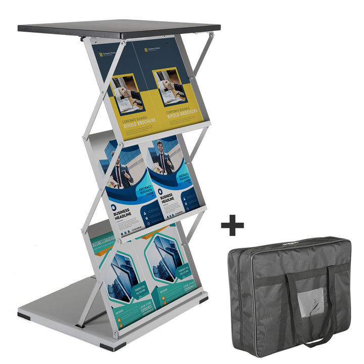 Foldable Counter with Steel Literature Holder and Carrying Bag - Gray – Black