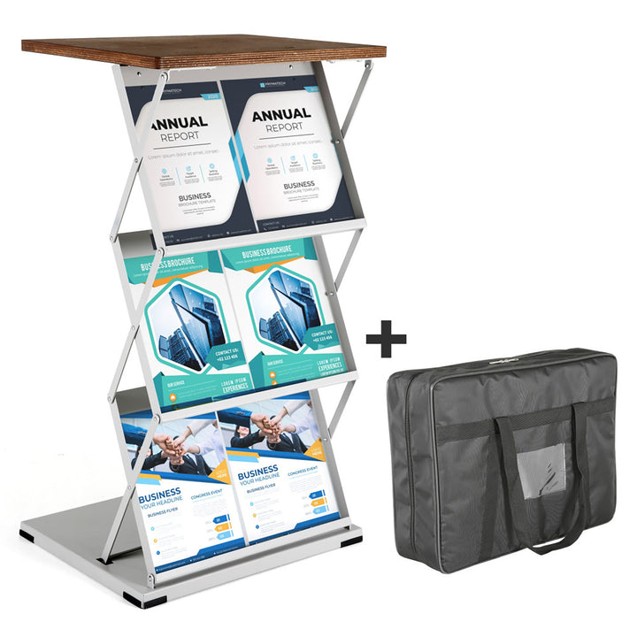 Foldable Counter with Steel Literature Holder and Carrying Bag - Gray – Dark Wood
