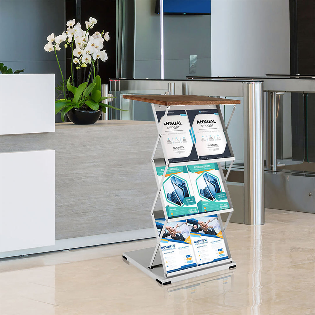 Foldable Counter with Steel Literature Holder and Carrying Bag - Gray – Dark Wood