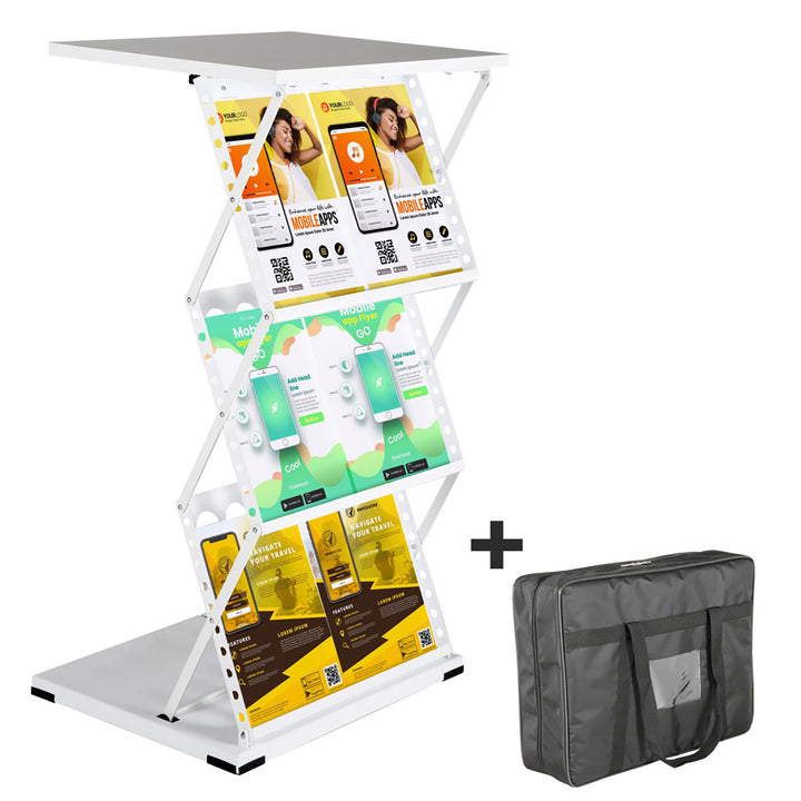 Foldable Counter with Perforated Literature Holder and Carrying Bag - White