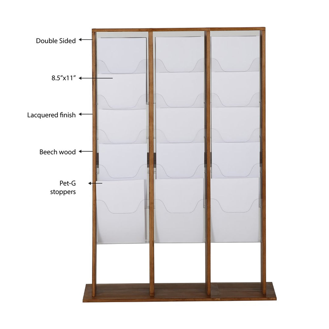 30 Pocket Free Standing Wood Magazine Rack 8.5x11 Capacity, Dark Finish