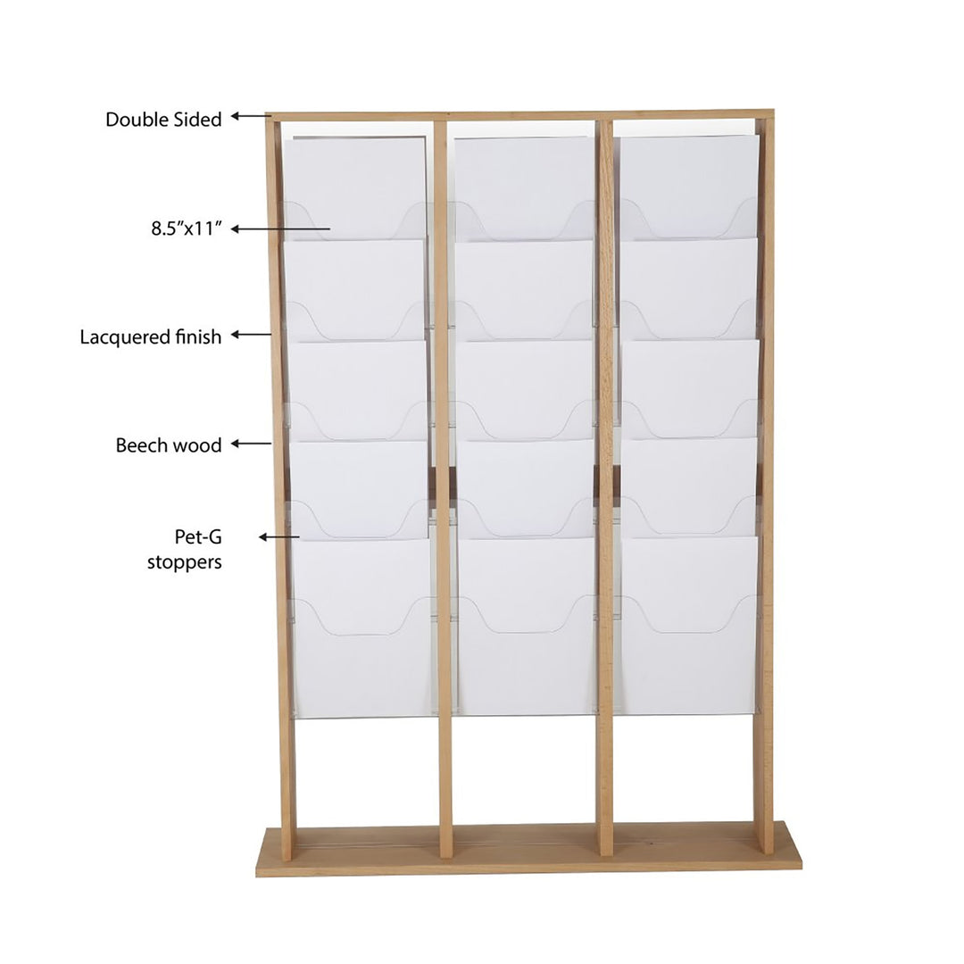 30 Pocket Free Standing Wood Magazine Rack 8.5x11 Capacity, Natural Finish