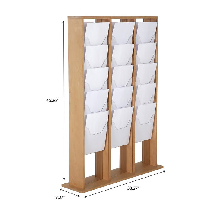 30 Pocket Free Standing Wood Magazine Rack 8.5x11 Capacity, Natural Finish