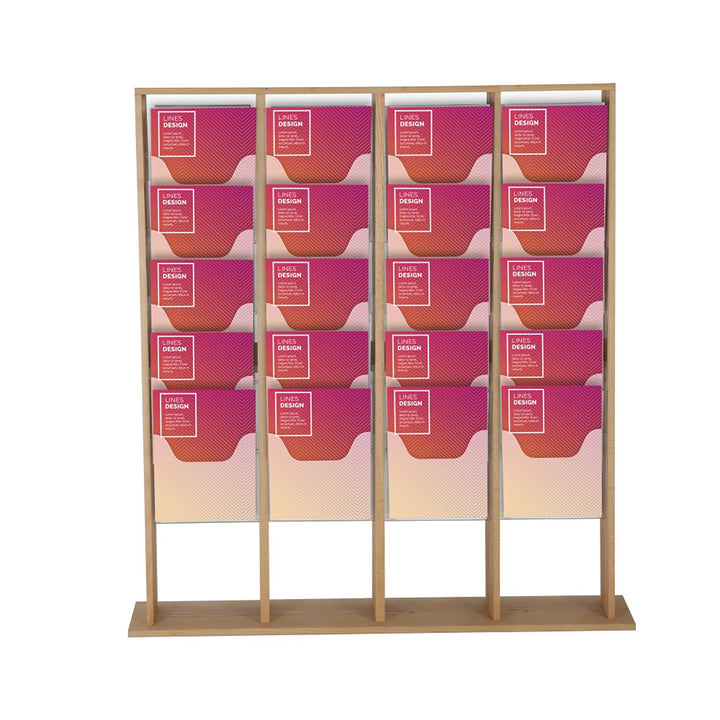 40 Pocket Free Standing Wood Magazine Rack 8.5x11 Capacity, Natural Finish