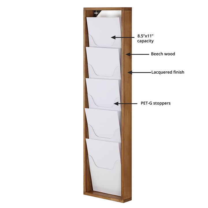 5 Pocket Slim Wall-Mounted Wood Magazine Rack, Dark Finish
