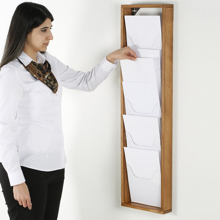 5 Pocket Slim Wall-Mounted Wood Magazine Rack, Dark Finish