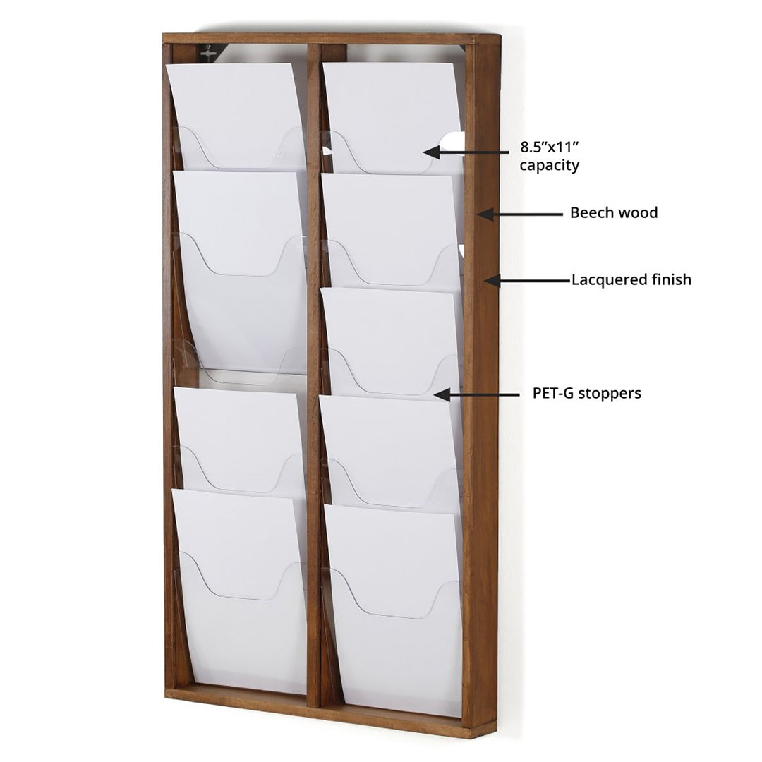 10 Pocket Slim Wall-Mounted Wood Magazine Rack, Dark Finish