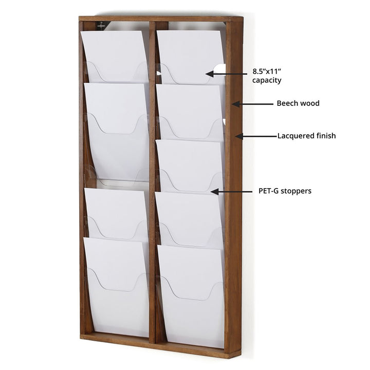 10 Pocket Slim Wall-Mounted Wood Magazine Rack, Dark Finish
