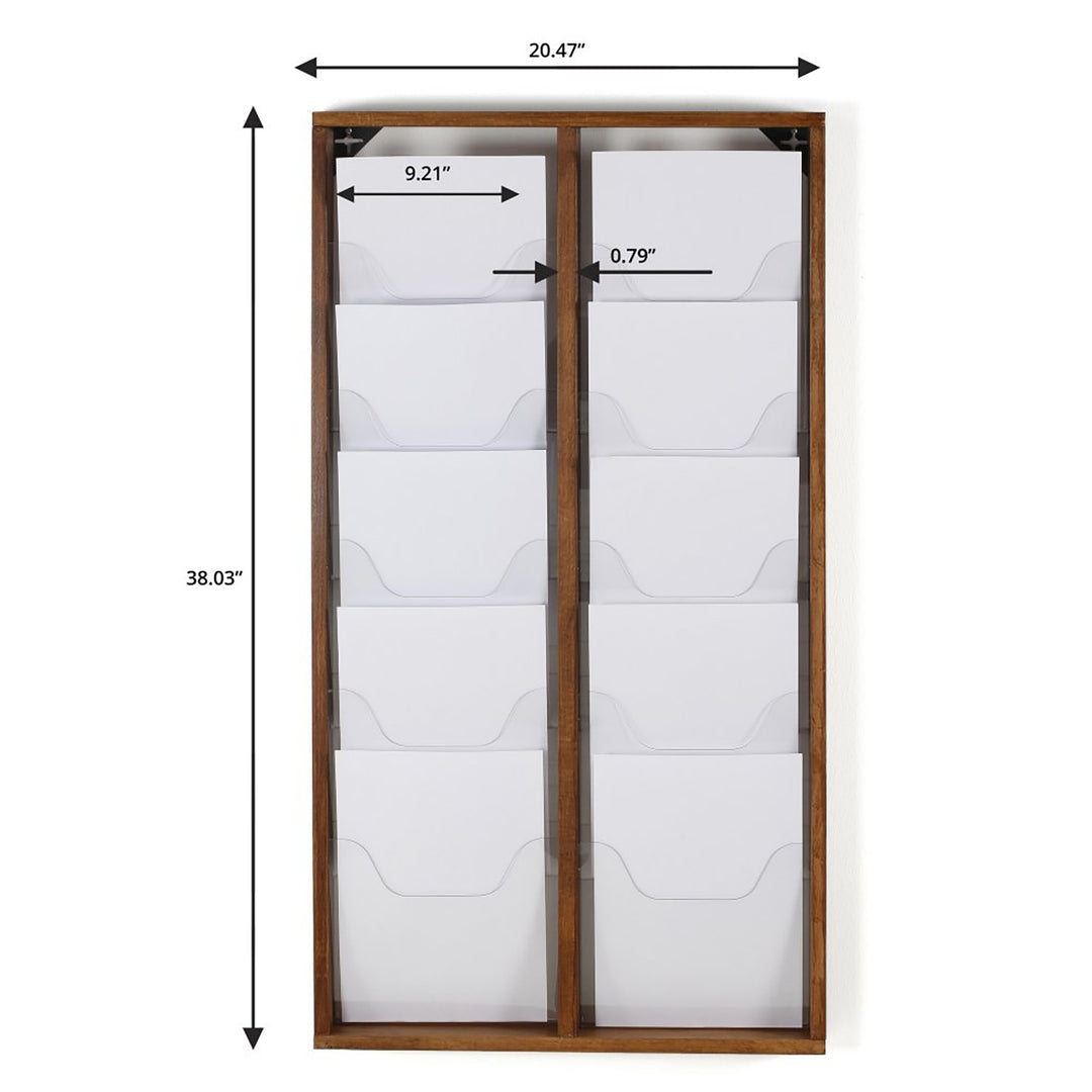 10 Pocket Slim Wall-Mounted Wood Magazine Rack, Dark Finish