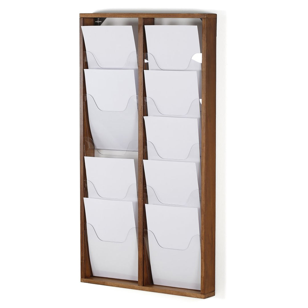 10 Pocket Slim Wall-Mounted Wood Magazine Rack, Dark Finish