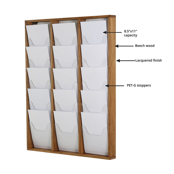 15 Pocket Wood Wall Mounted Magazine 8.5×11 Capacity, Dark Finish