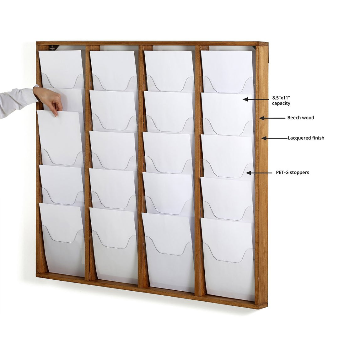 20-Pocket High-Capacity Wall-Mounted Wood Magazine Rack, Dark Finish