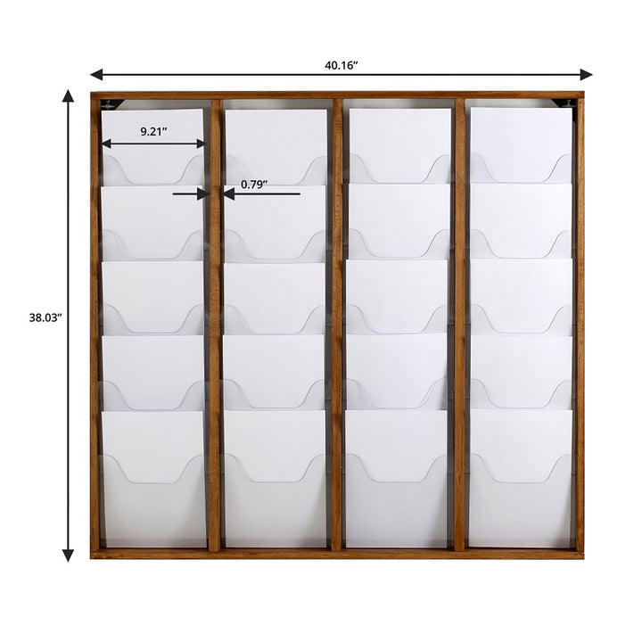 20-Pocket High-Capacity Wall-Mounted Wood Magazine Rack, Dark Finish