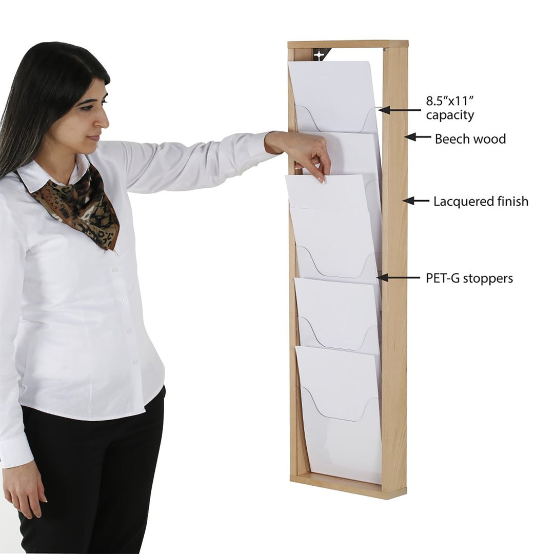 5 Pocket Slim Wall-Mounted Wood Magazine Rack, Natural Finish