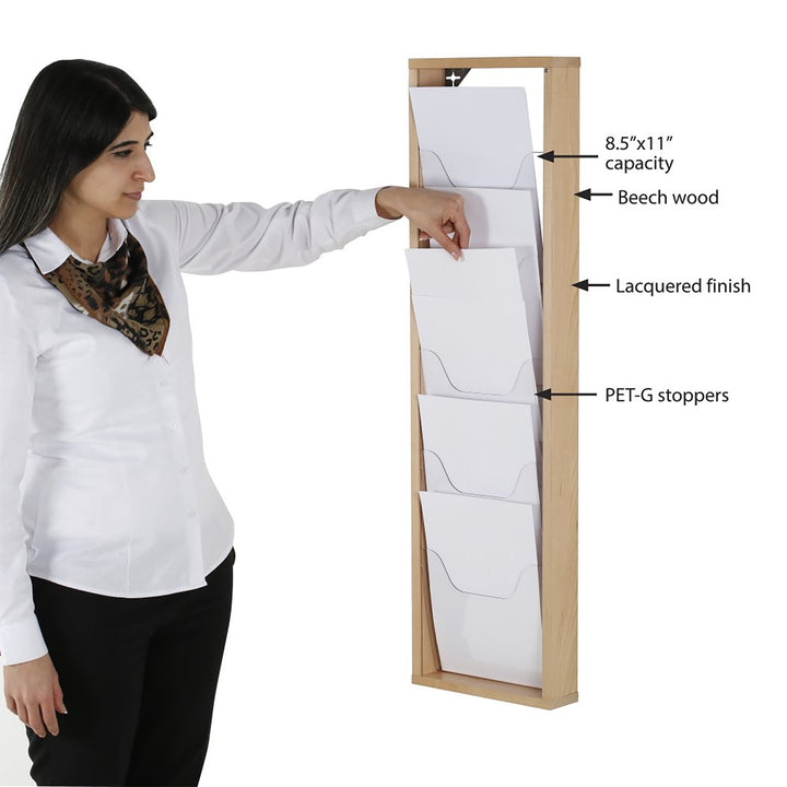 5 Pocket Slim Wall-Mounted Wood Magazine Rack, Natural Finish