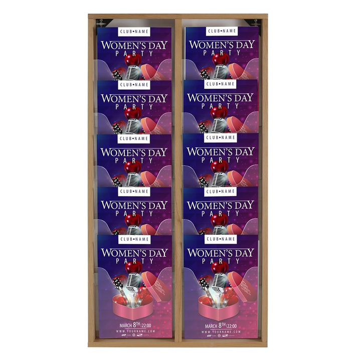 10 Pocket Slim Wall-Mounted Wood Magazine Rack, Natural Finish