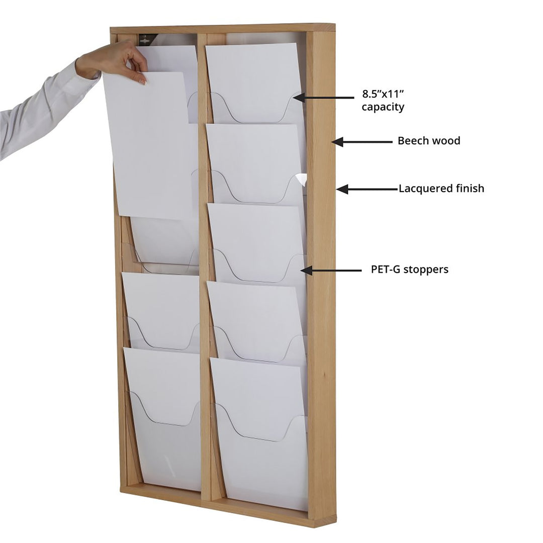 10 Pocket Slim Wall-Mounted Wood Magazine Rack, Natural Finish
