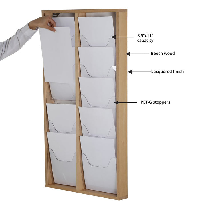 10 Pocket Slim Wall-Mounted Wood Magazine Rack, Natural Finish