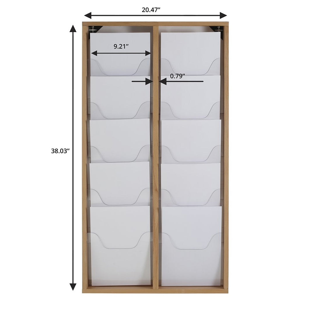 10 Pocket Slim Wall-Mounted Wood Magazine Rack, Natural Finish