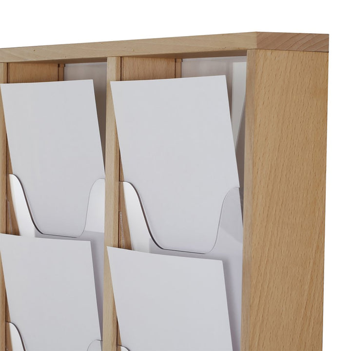 10 Pocket Slim Wall-Mounted Wood Magazine Rack, Natural Finish