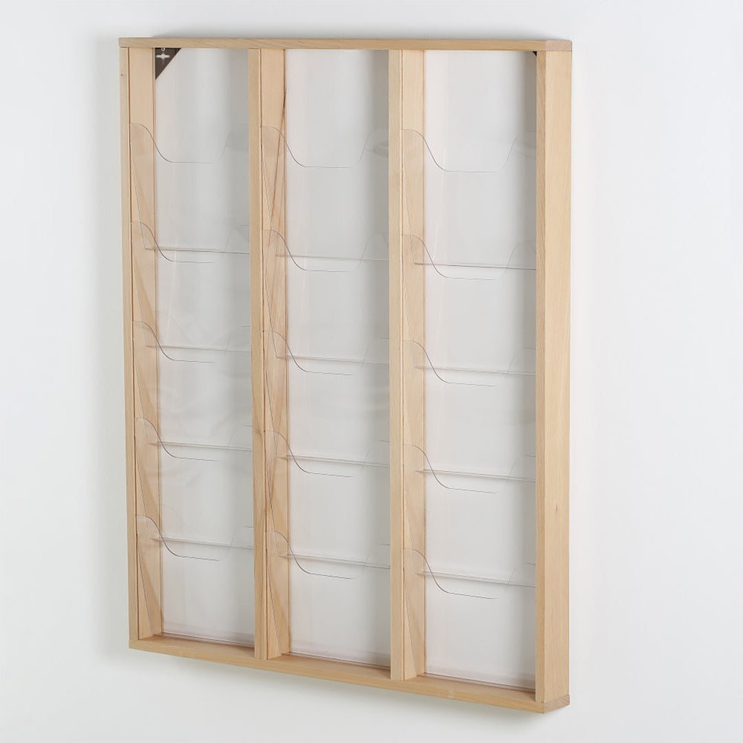 15 Pocket Wood Wall Mounted Magazine 8.5×11 Capacity, Natural Finish