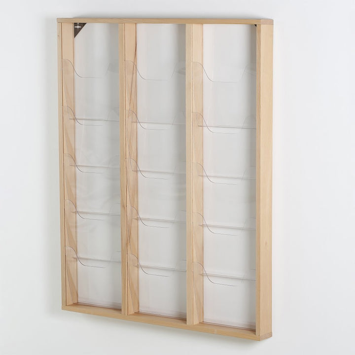 15 Pocket Wood Wall Mounted Magazine 8.5×11 Capacity, Natural Finish