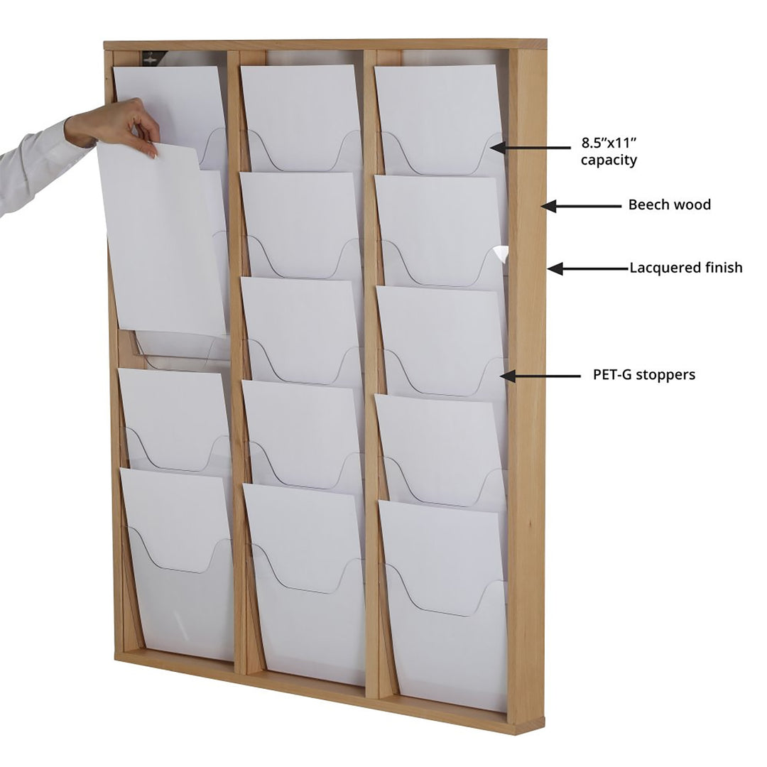 15 Pocket Wood Wall Mounted Magazine 8.5×11 Capacity, Natural Finish