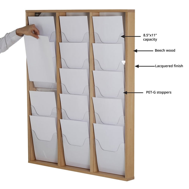 15 Pocket Wood Wall Mounted Magazine 8.5×11 Capacity, Natural Finish