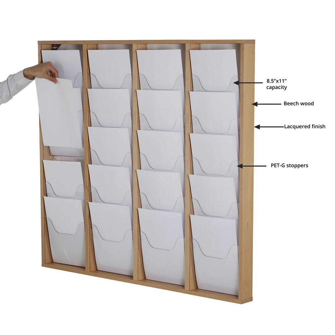 20-Pocket High-Capacity Wall-Mounted Wood Magazine Rack, Natural Finish