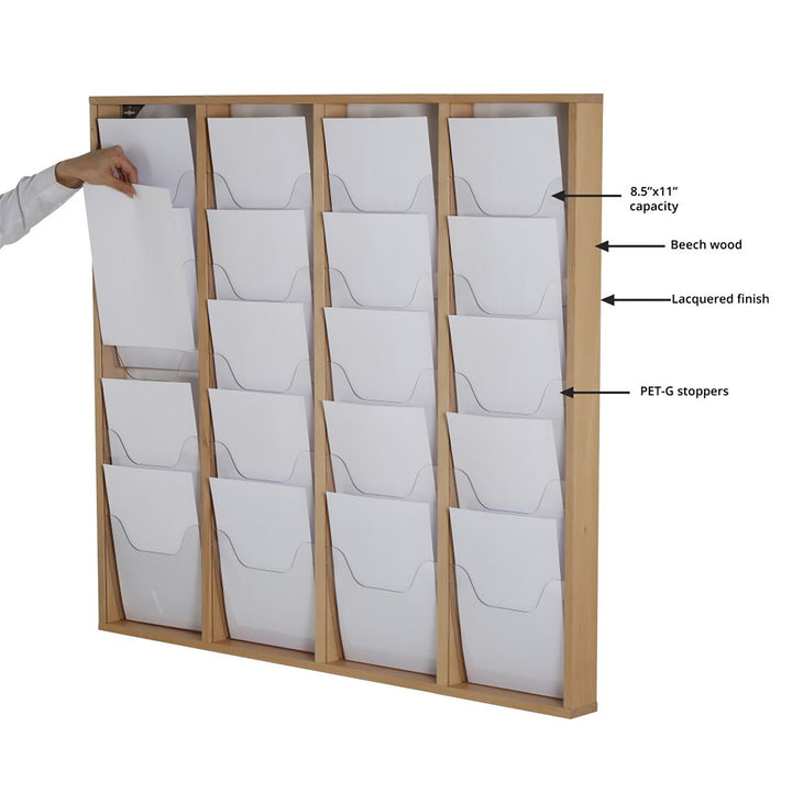 20-Pocket High-Capacity Wall-Mounted Wood Magazine Rack, Natural Finish