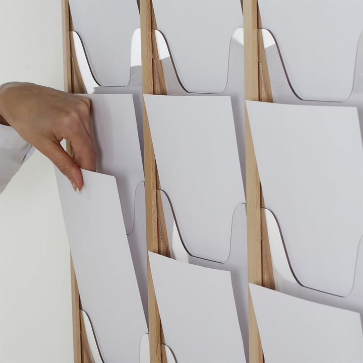 20-Pocket High-Capacity Wall-Mounted Wood Magazine Rack, Natural Finish