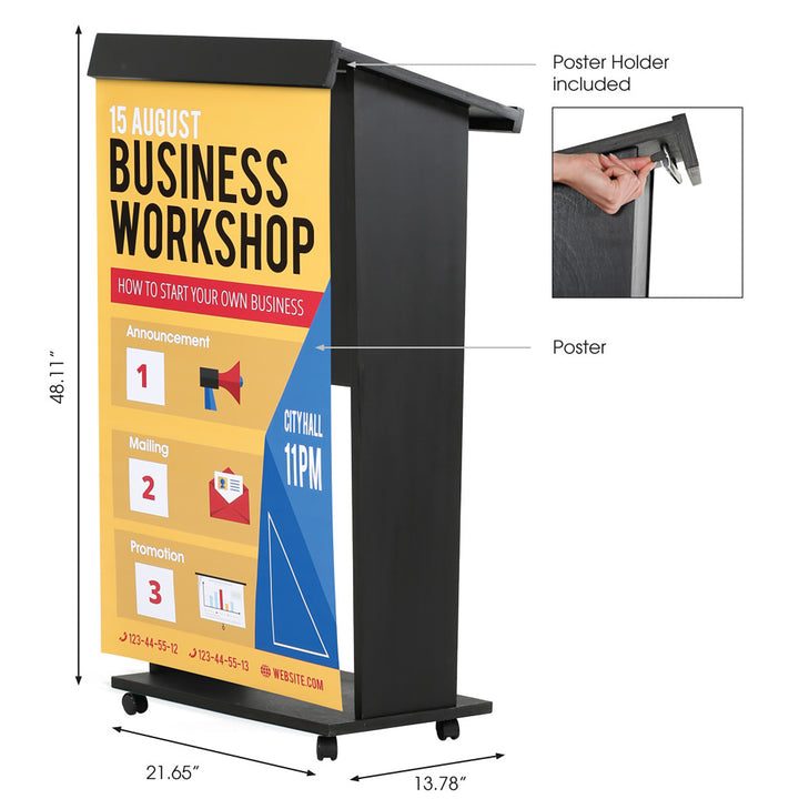 Plywood Stand Up Podium and 4 Locking Caster Wheels 45″ Height (Black)