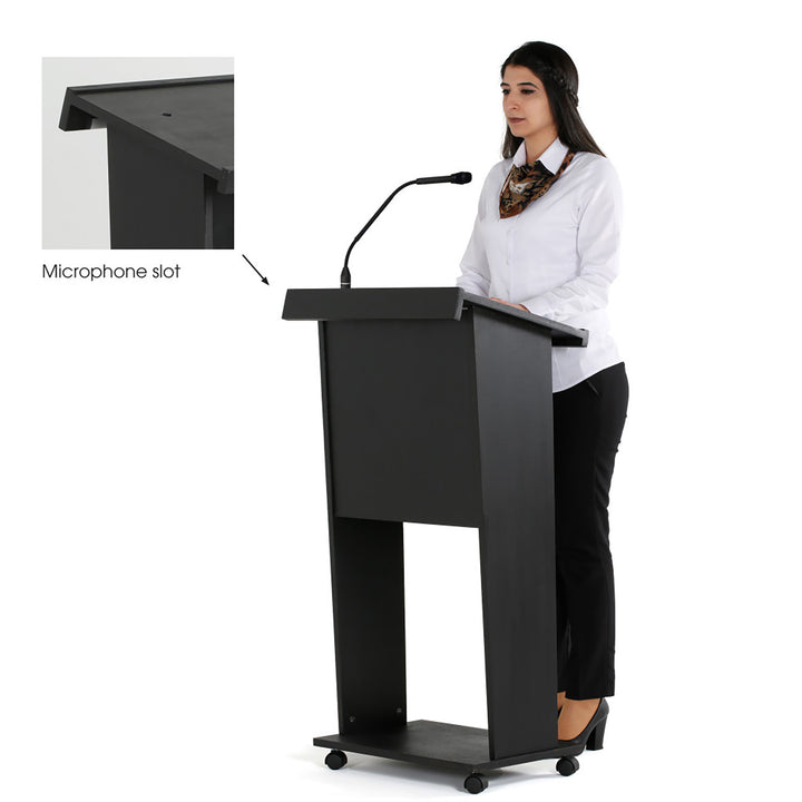 Plywood Stand Up Podium and 4 Locking Caster Wheels 45″ Height (Black)