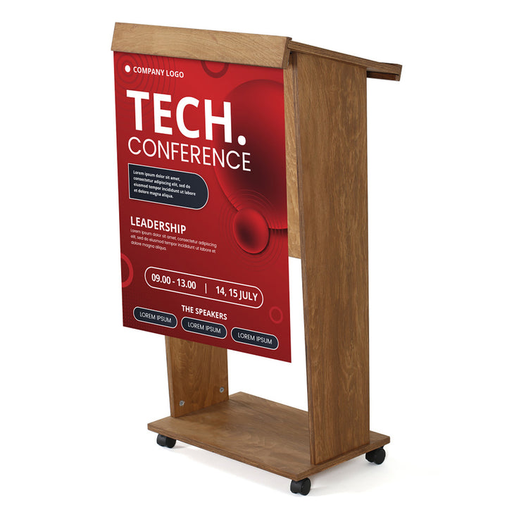 Plywood Stand Up Podium and 4 Locking Caster Wheels 45″ Height (Dark Wood)