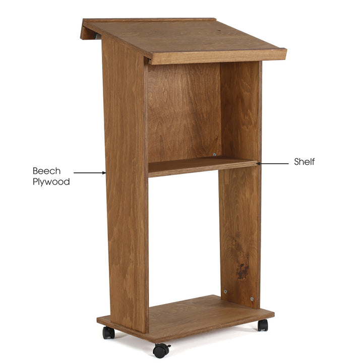 Plywood Stand Up Podium and 4 Locking Caster Wheels 45″ Height (Dark Wood)