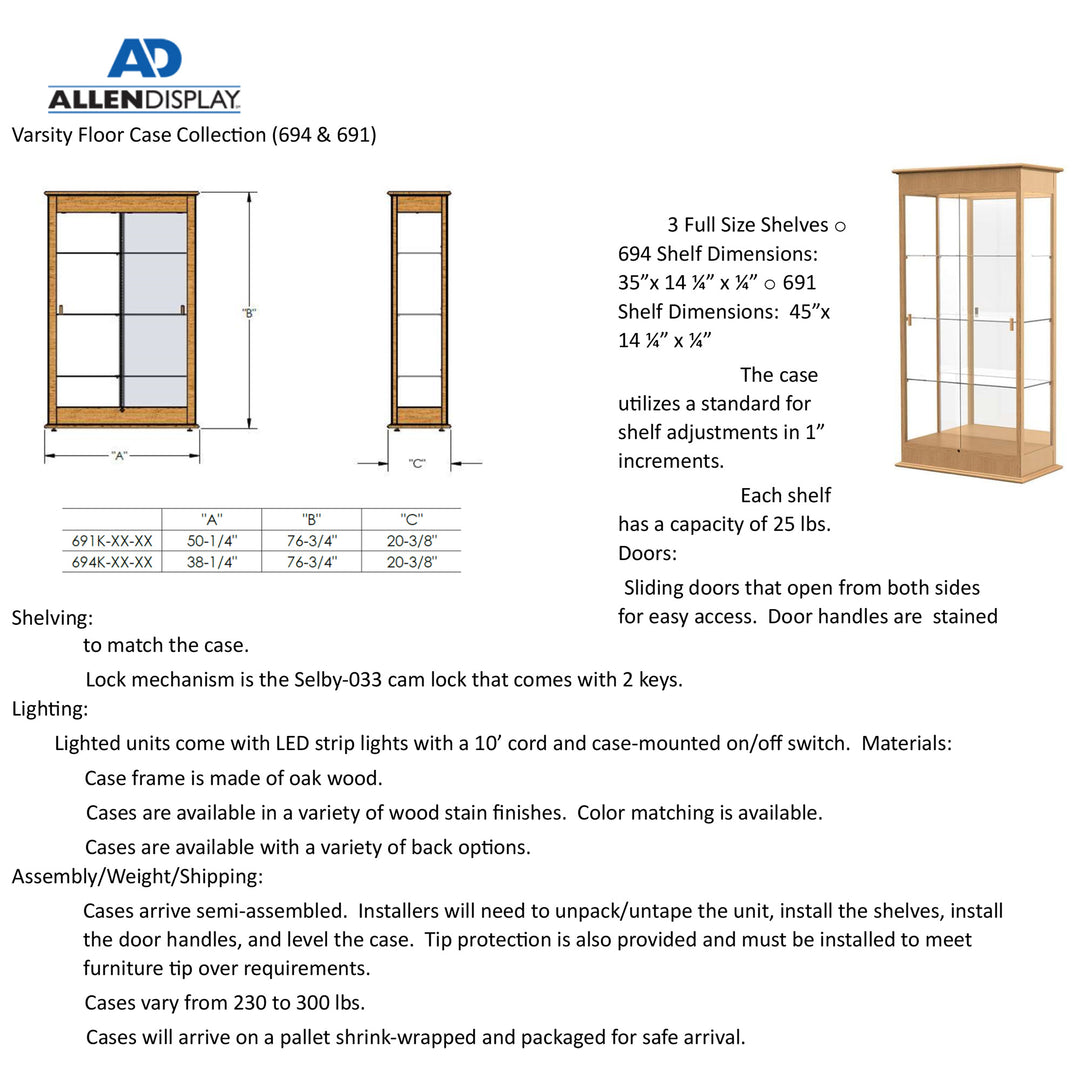 Varsity Display Case with Sliding Doors 48"w x 77"h